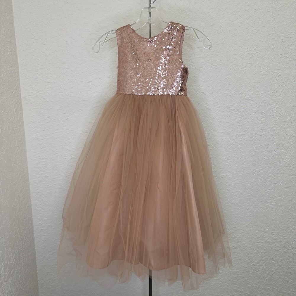Rose Gold Sequin Tulle Heart Cutout Back Flower Girl Party Dress Kids Size 8